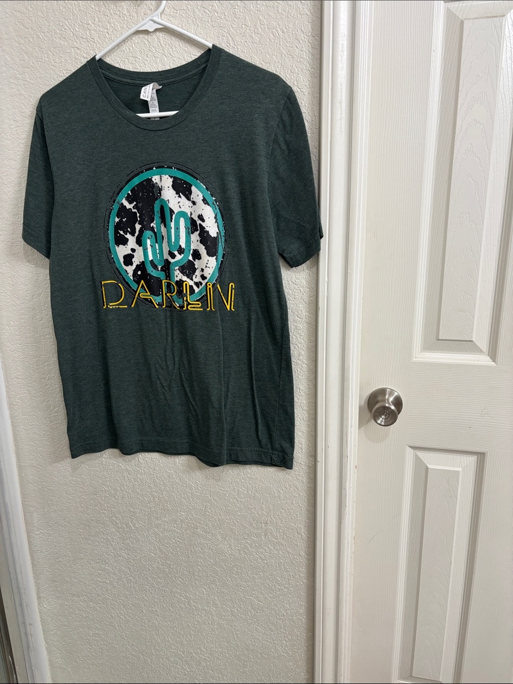 Bella Canvas Dark Green Cactus Graphic Tee with Teal and Yellow Accents
